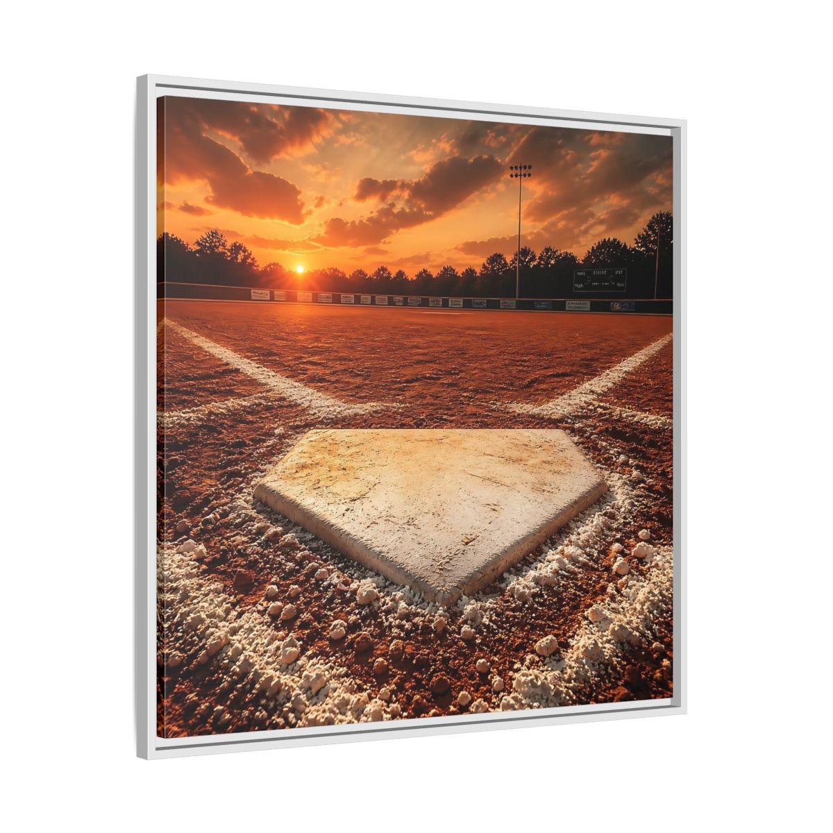 Side Mockup 25. Sunset At Home Plate shown as framed canvas print