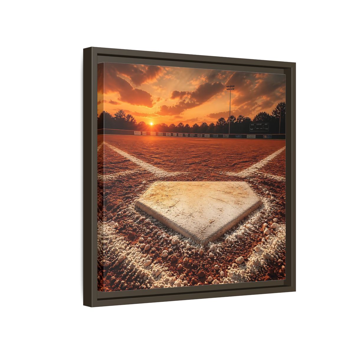 Side Mockup 14. Sunset At Home Plate shown as framed canvas print
