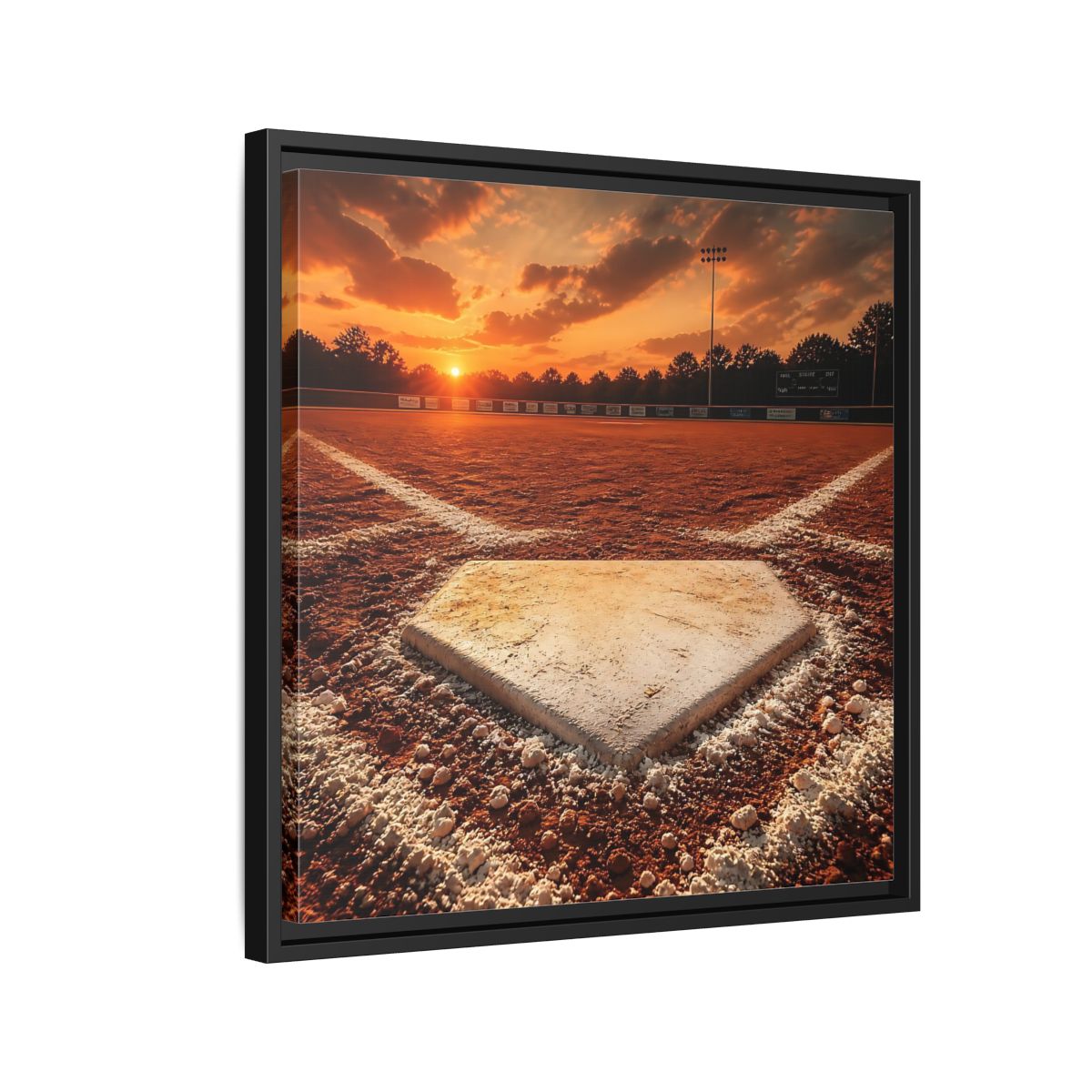 Side Mockup 12. Sunset At Home Plate shown as framed canvas print