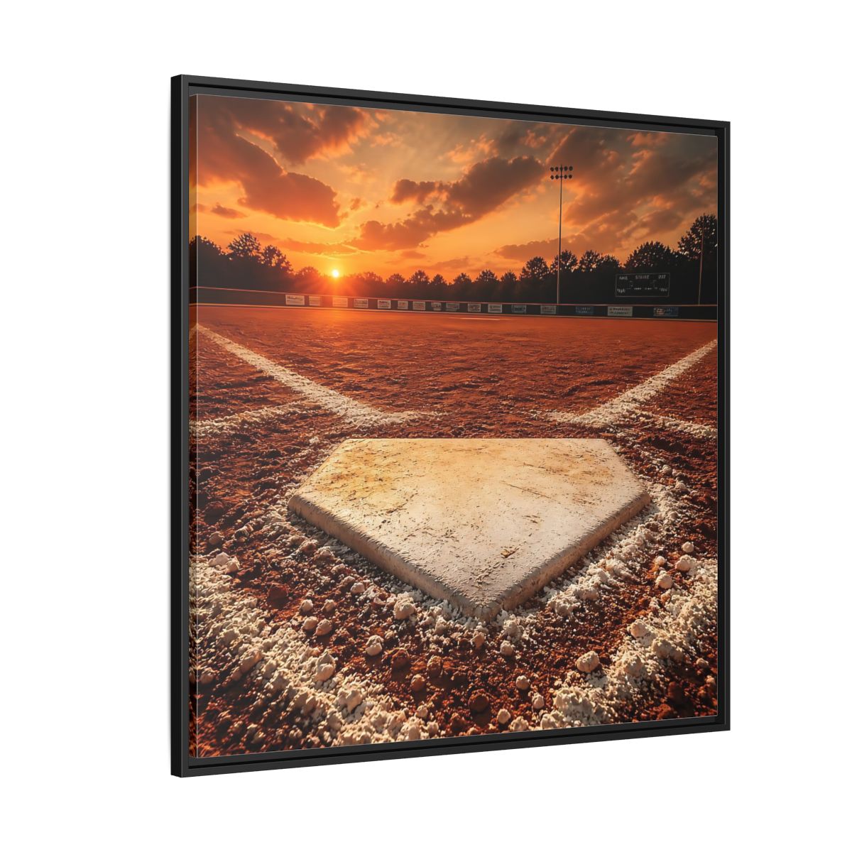 Side Mockup 6. Sunset At Home Plate shown as framed canvas print