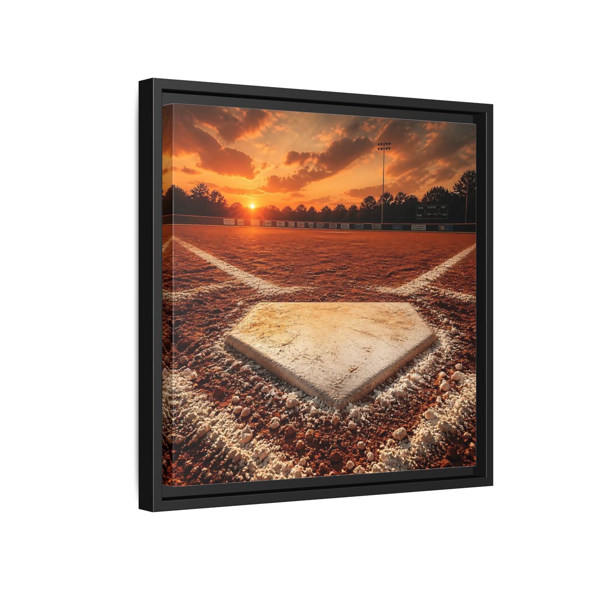 Side Mockup 15. Sunset At Home Plate shown as framed canvas print