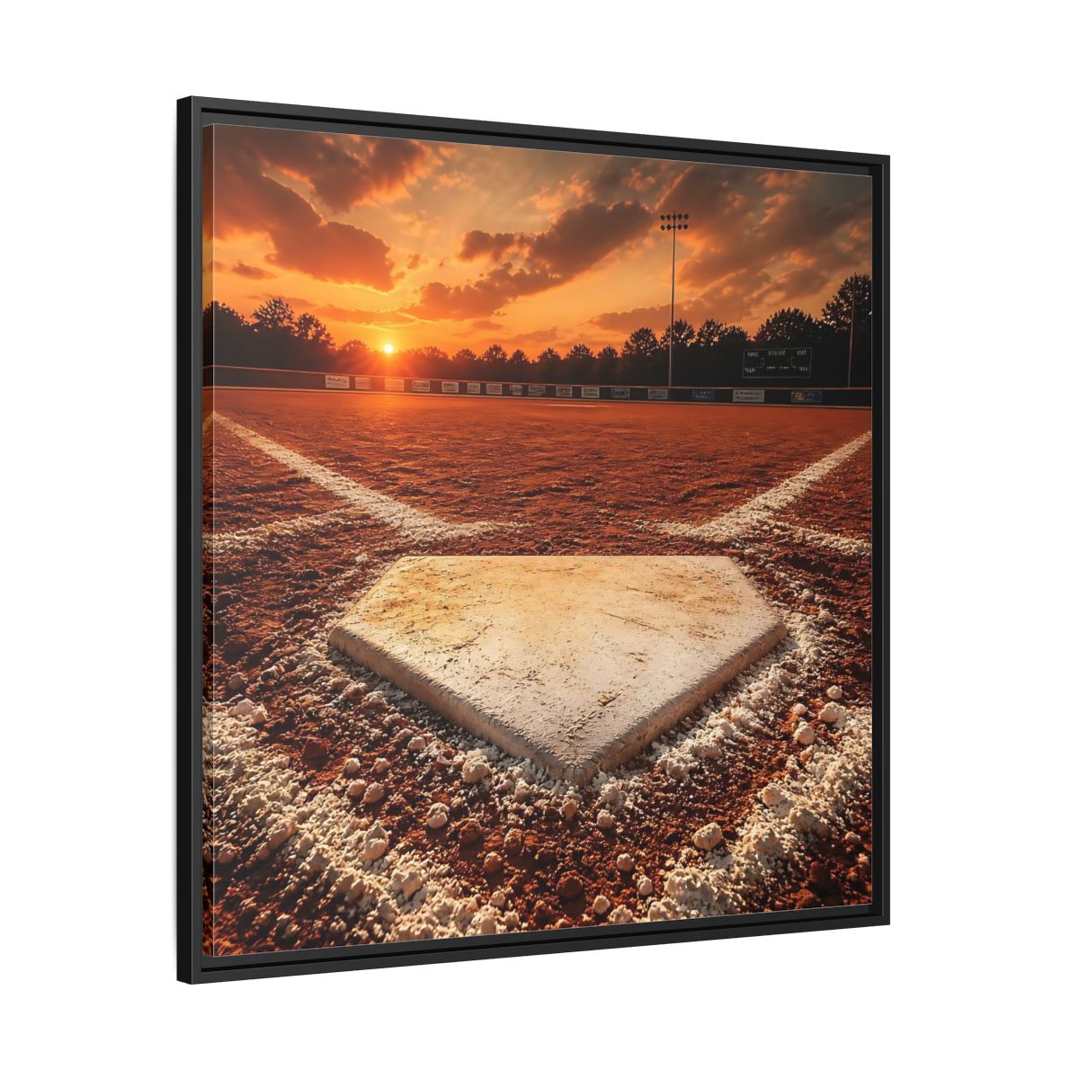 Side Mockup 30. Sunset At Home Plate shown as framed canvas print