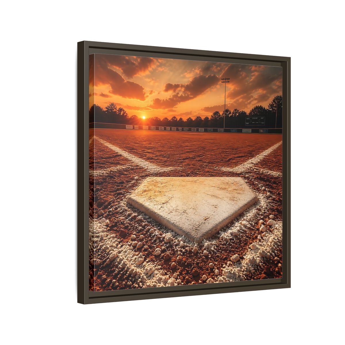 Side Mockup 11. Sunset At Home Plate shown as framed canvas print