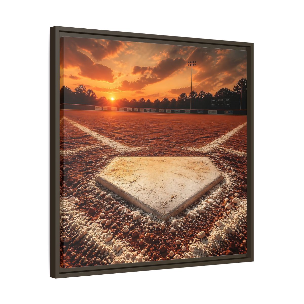 Side Mockup 27. Sunset At Home Plate shown as framed canvas print