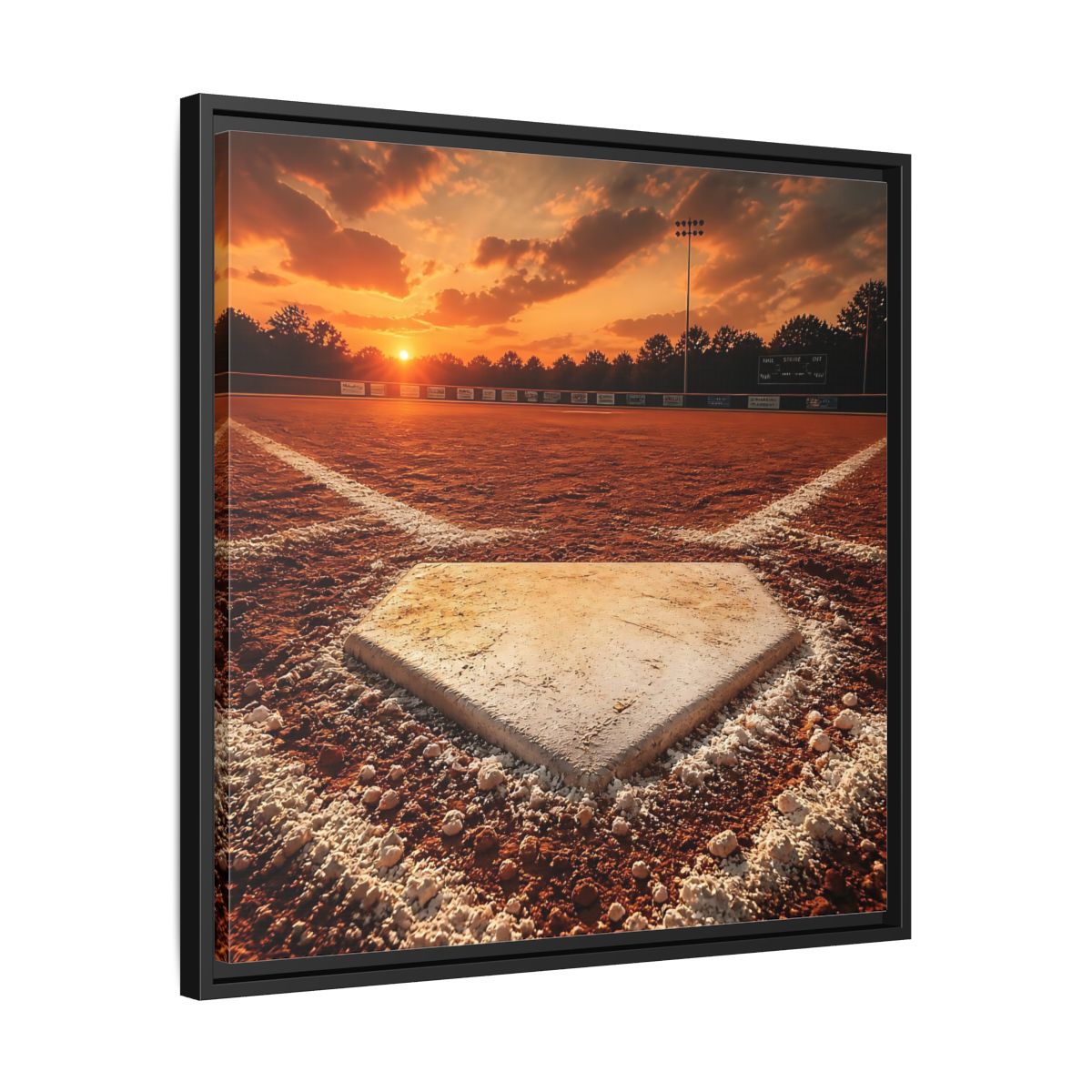 Side Mockup 31. Sunset At Home Plate shown as framed canvas print