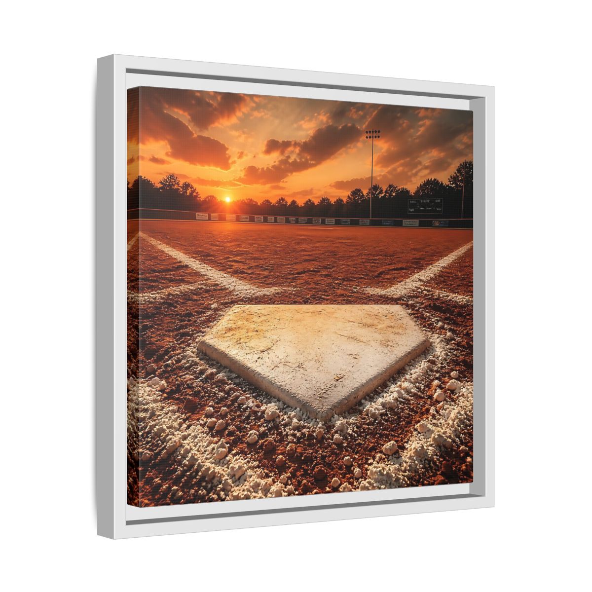 Side Mockup 28. Sunset At Home Plate shown as framed canvas print