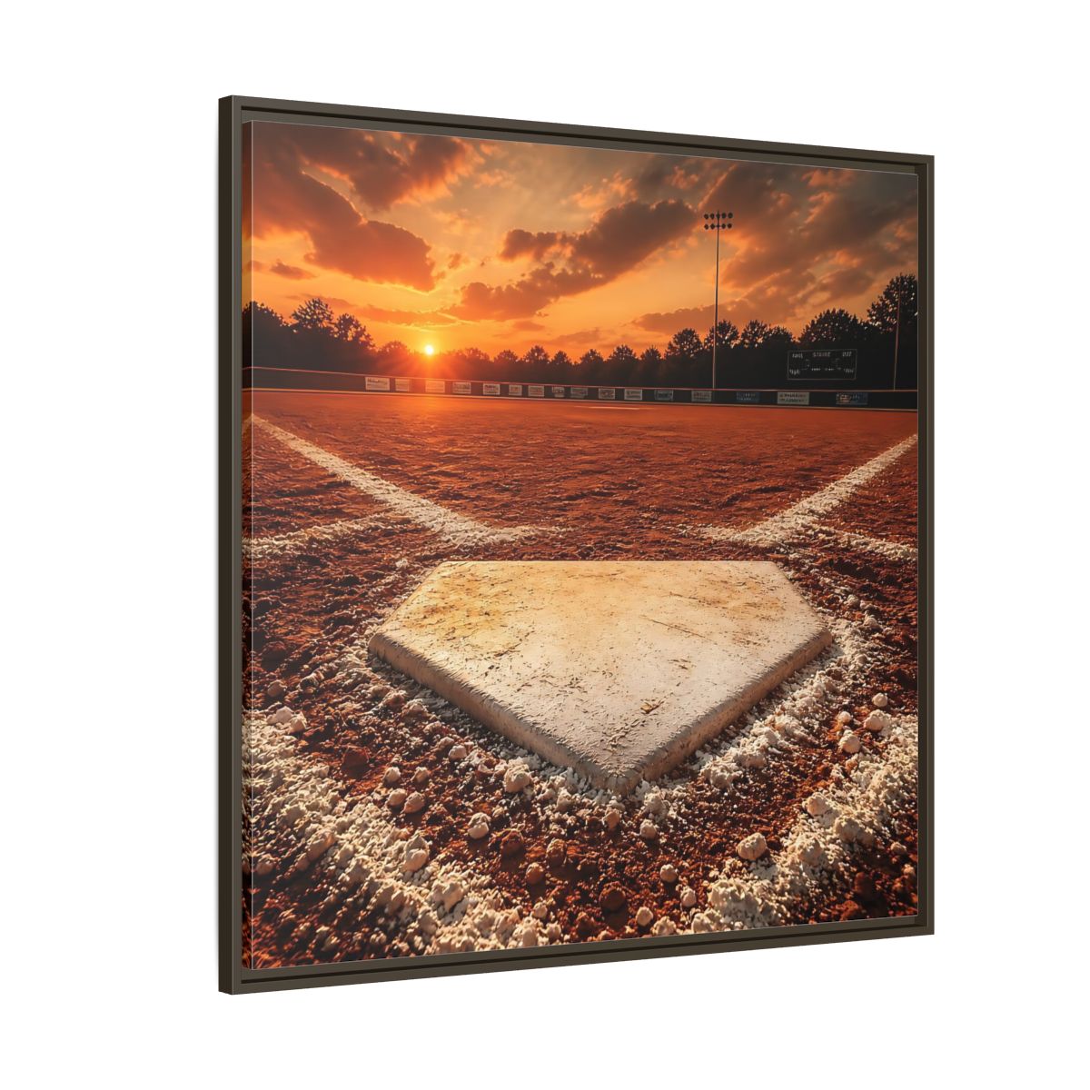 Side Mockup 5. Sunset At Home Plate shown as framed canvas print