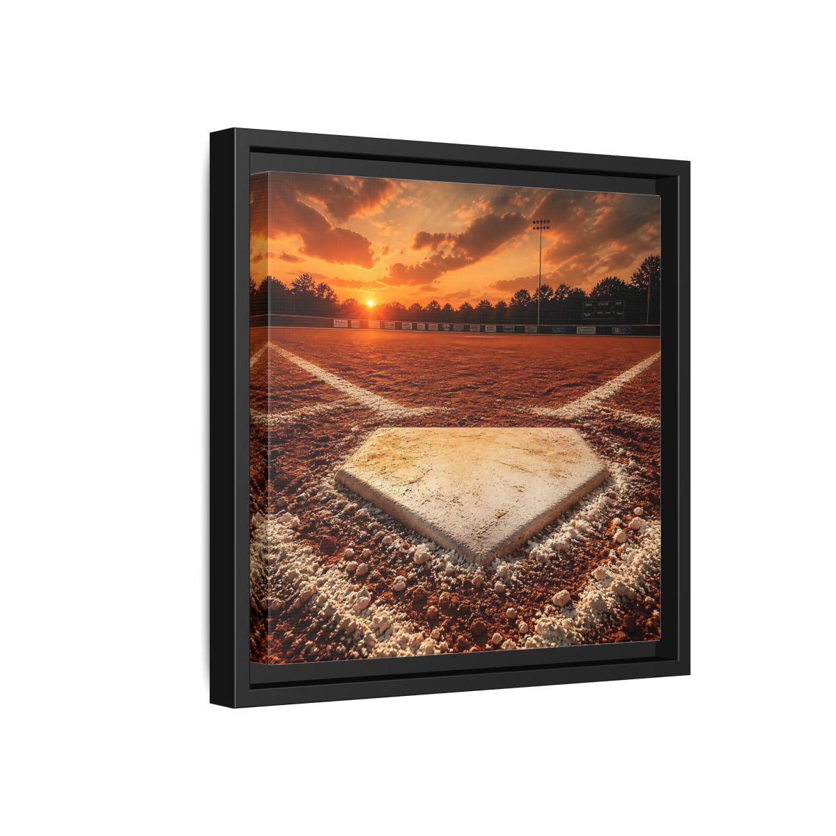 Side Mockup 18. Sunset At Home Plate shown as framed canvas print