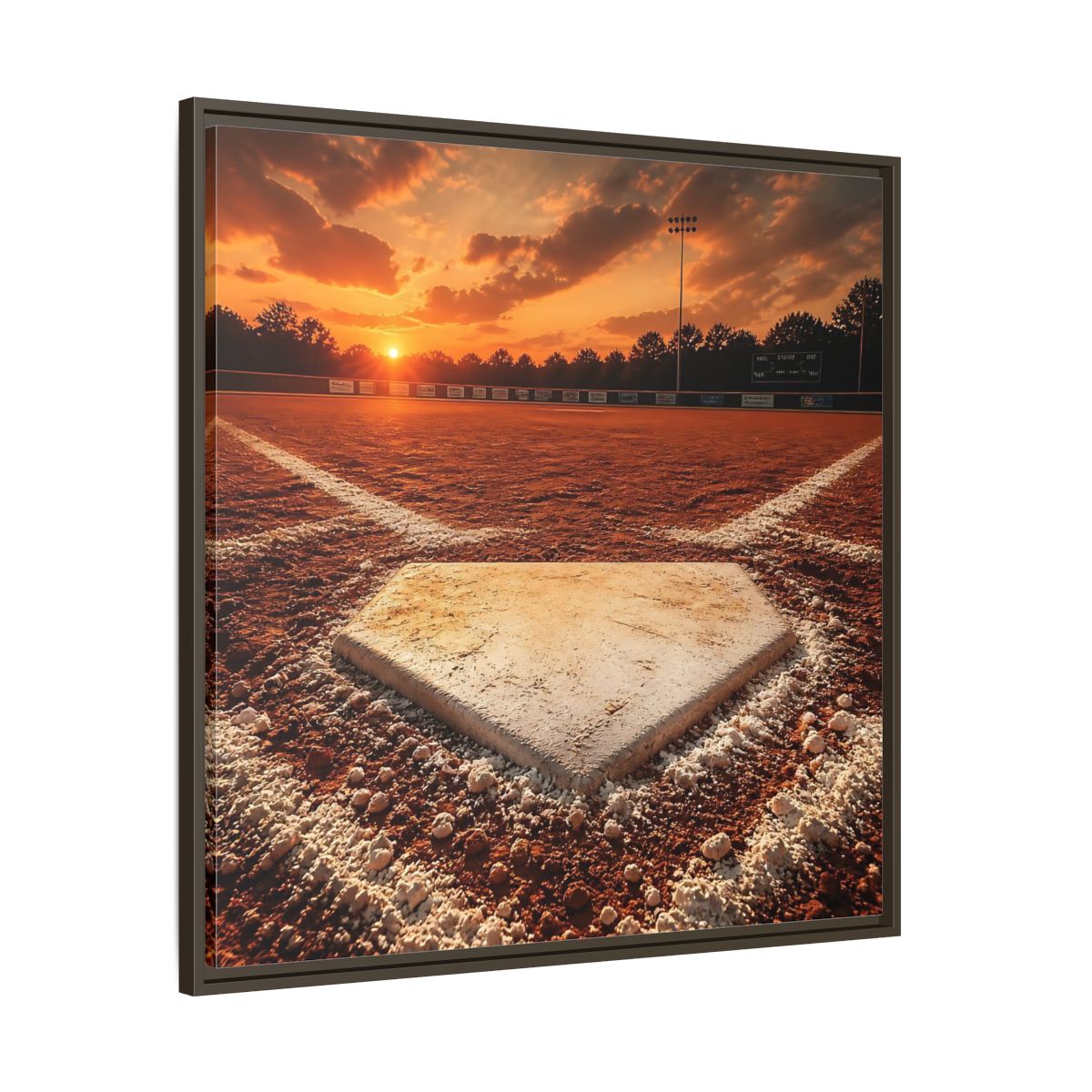 Main Mockup. Sunset At Home Plate shown as framed canvas print