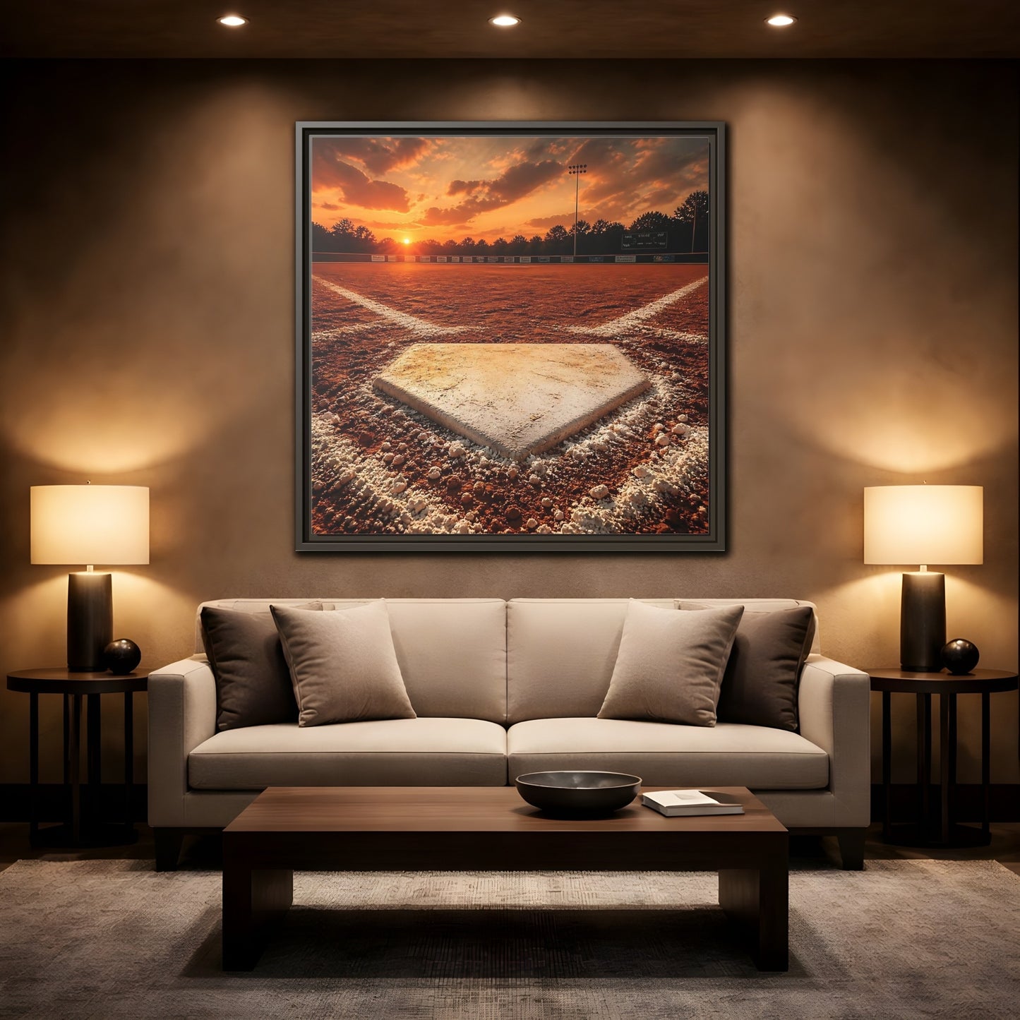 Mockup 2. Sunset At Home Plate shown as framed canvas print