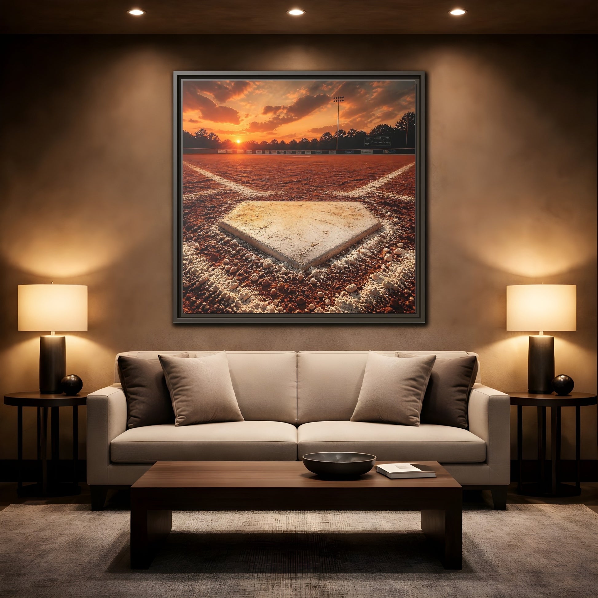 Mockup 2. Sunset At Home Plate shown as framed canvas print