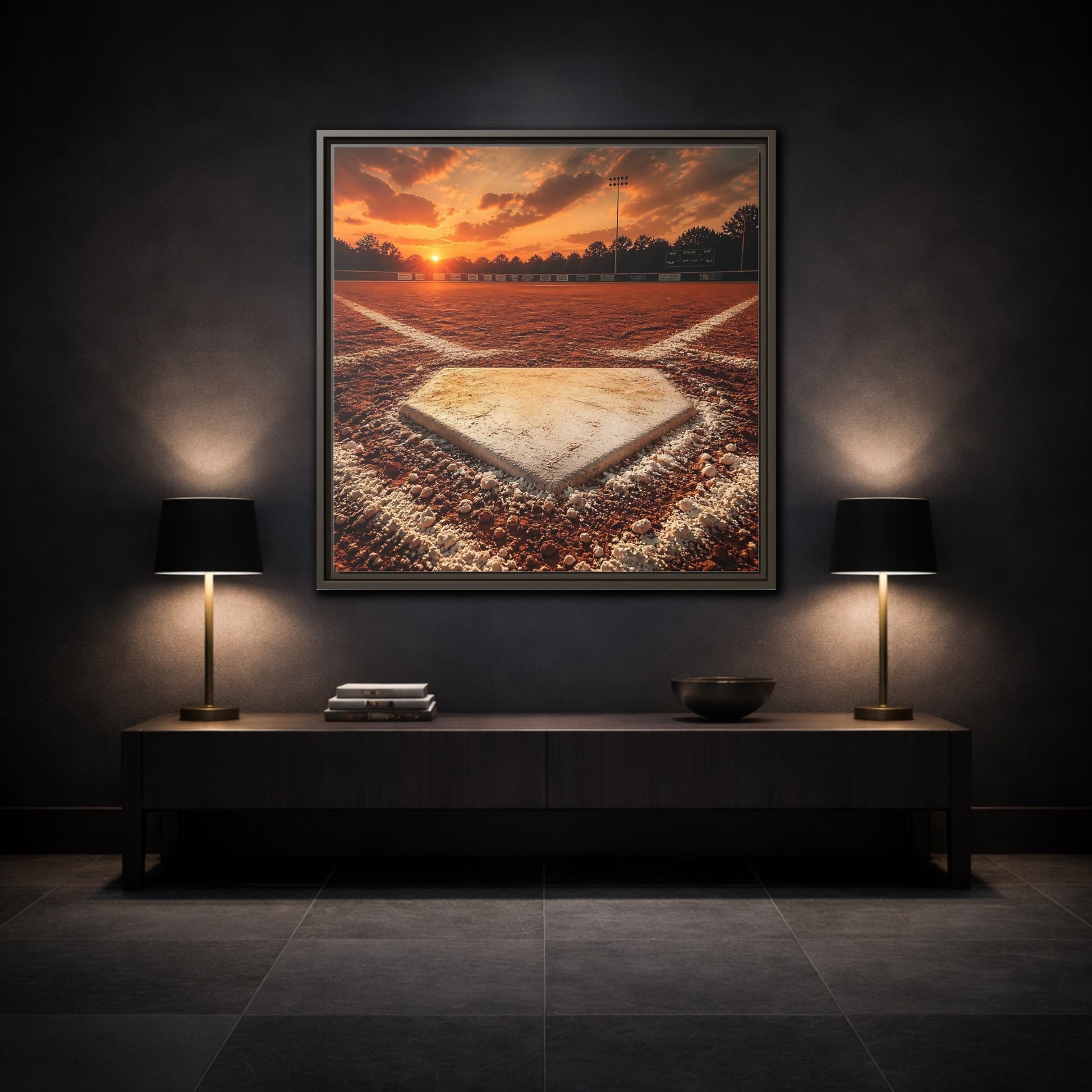 Mockup 3. Sunset At Home Plate shown as framed canvas print