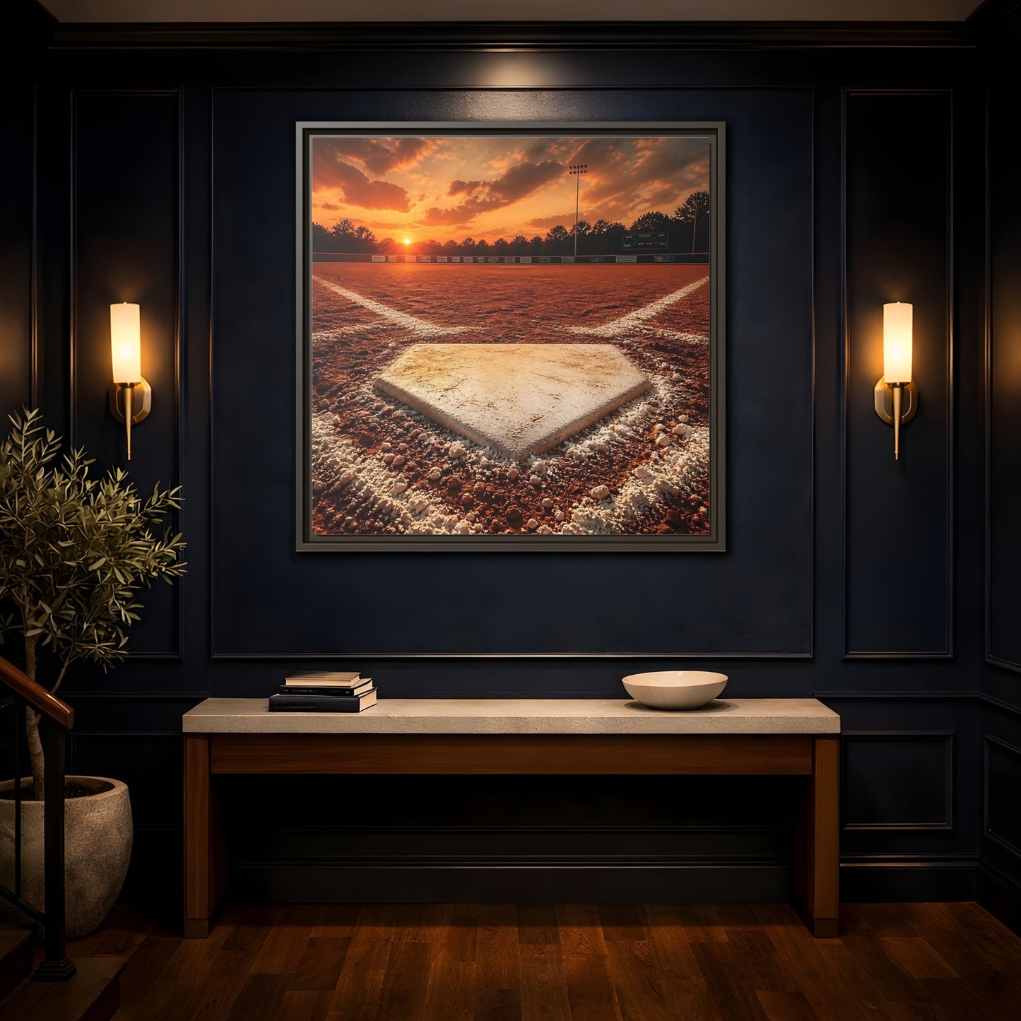 Mockup 4. Sunset At Home Plate shown as framed canvas print