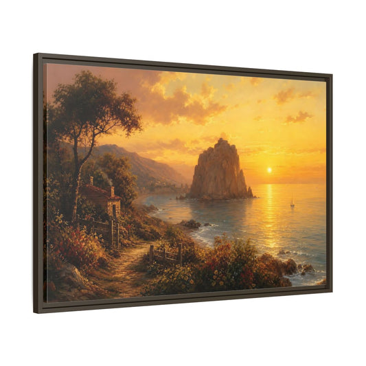 Main Mockup. Sunset At Seaside Cottage shown as framed canvas print