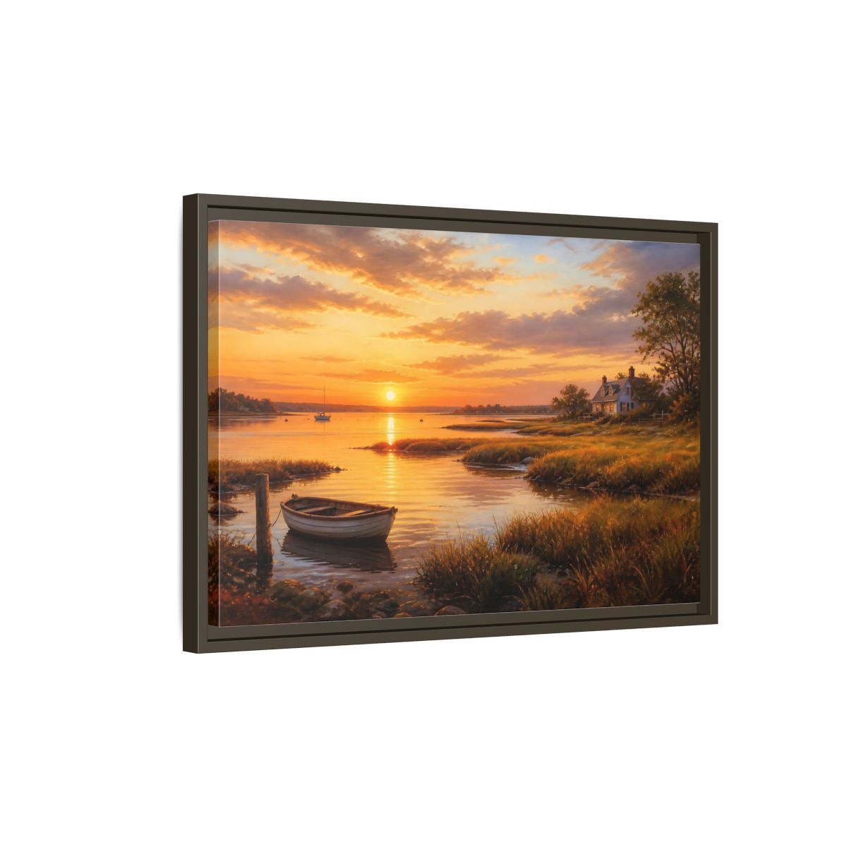 Side Mockup 2. Sunset At The Harbor shown as framed canvas print