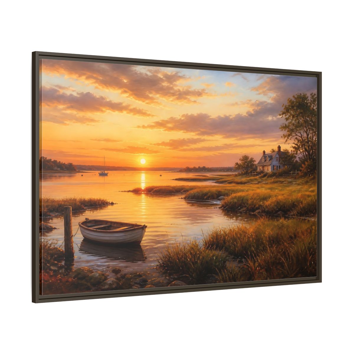 Side Mockup 8. Sunset At The Harbor shown as framed canvas print