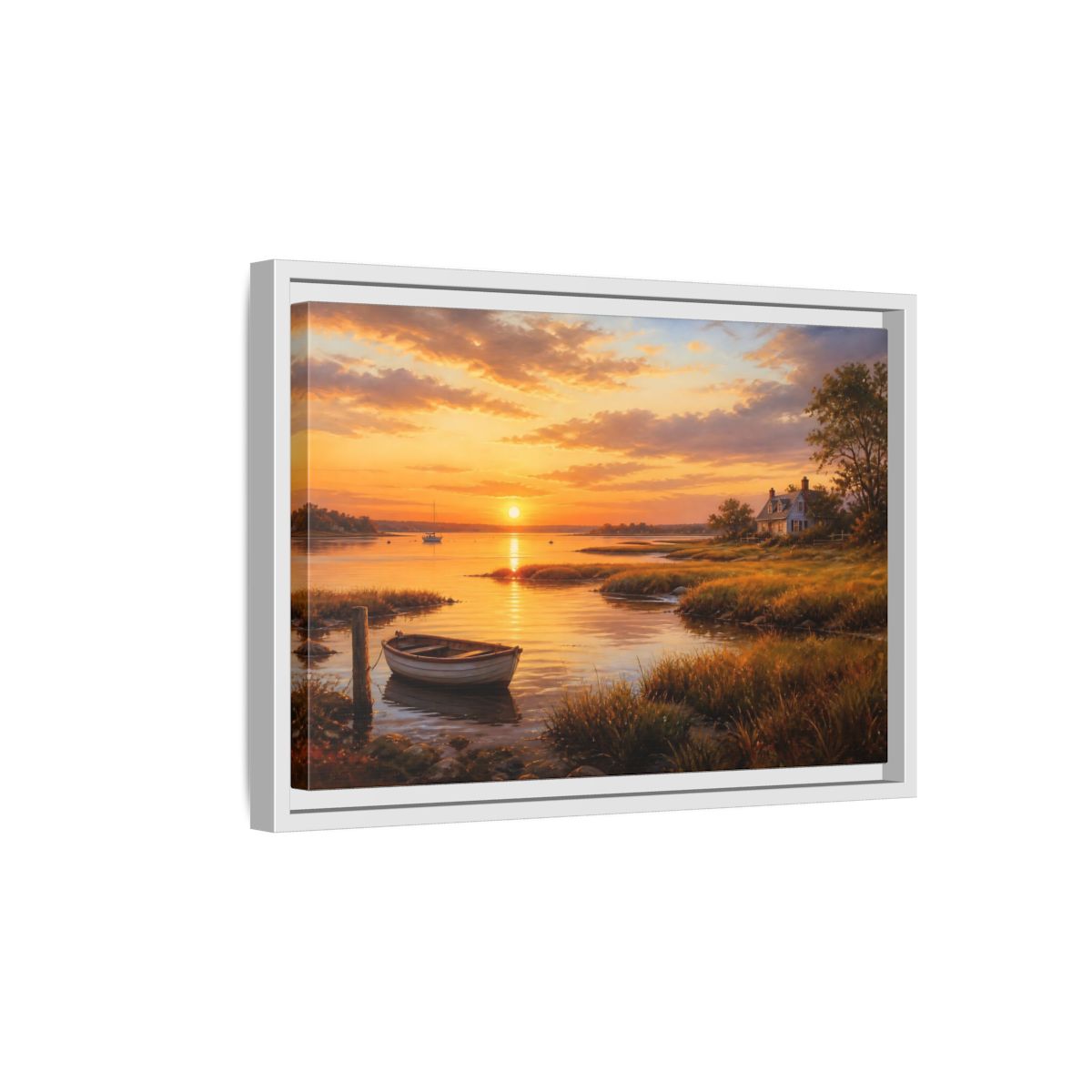 Side Mockup 4. Sunset At The Harbor shown as framed canvas print