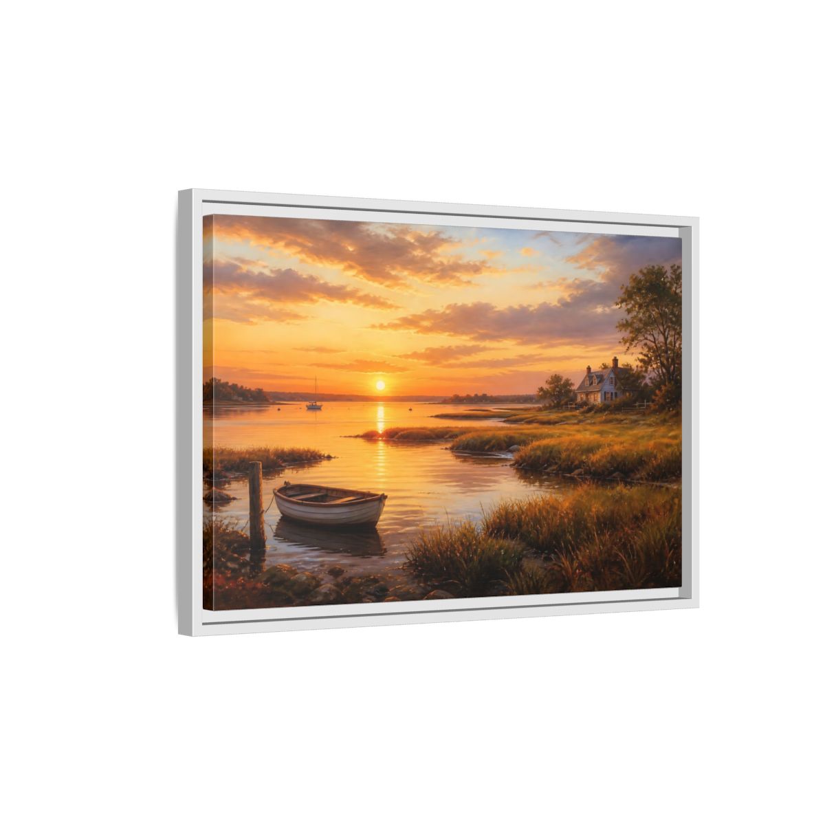 Side Mockup 1. Sunset At The Harbor shown as framed canvas print