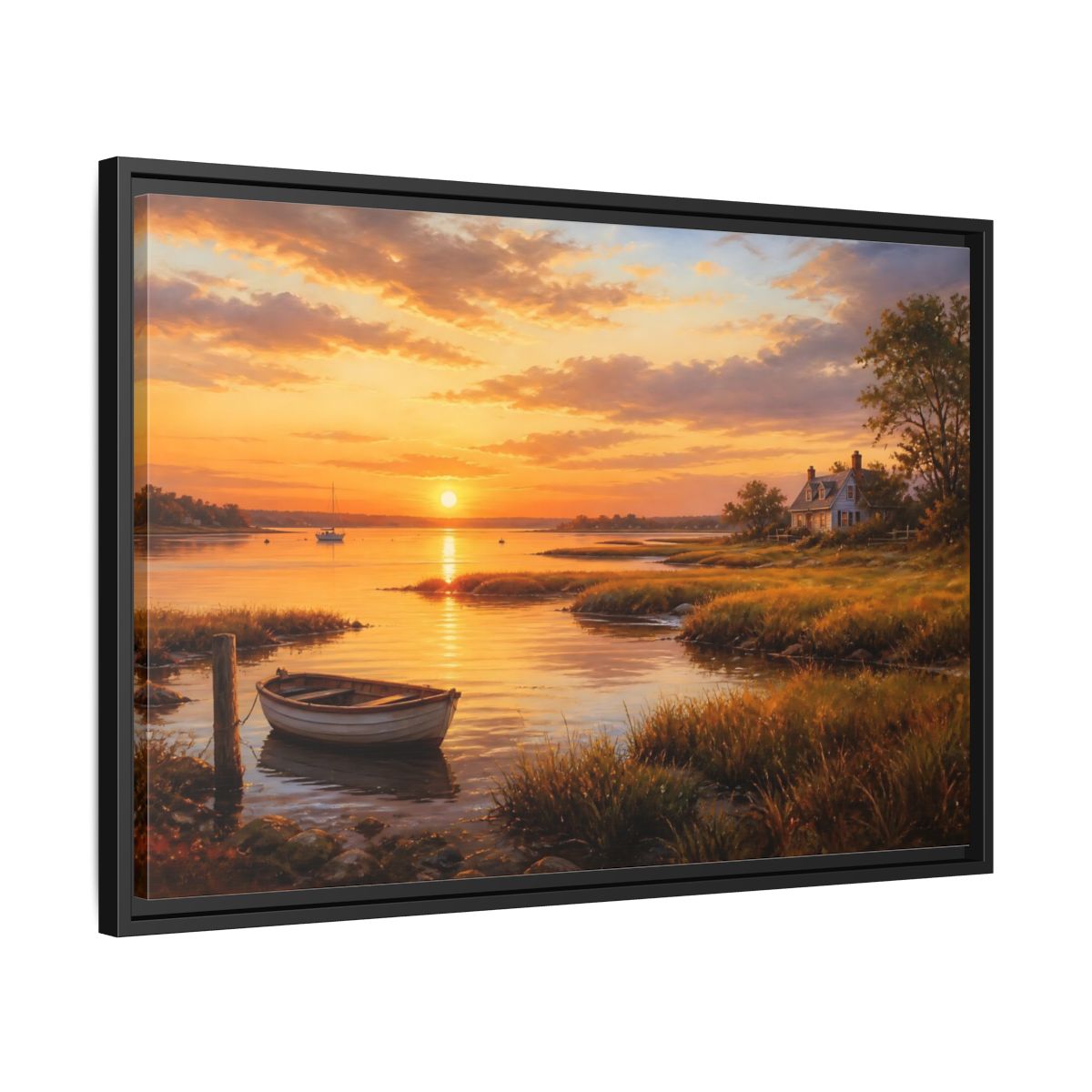 Side Mockup 14. Sunset At The Harbor shown as framed canvas print