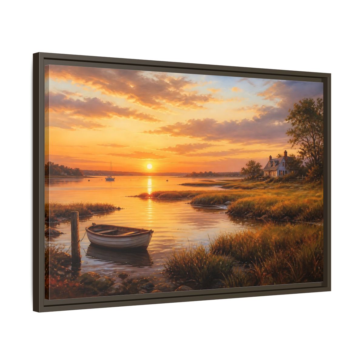 Side Mockup 11. Sunset At The Harbor shown as framed canvas print