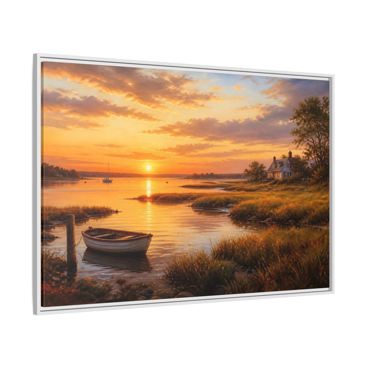 Side Mockup 7. Sunset At The Harbor shown as framed canvas print