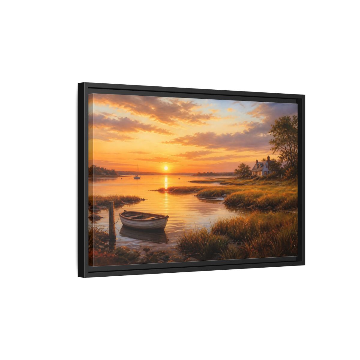 Side Mockup 3. Sunset At The Harbor shown as framed canvas print