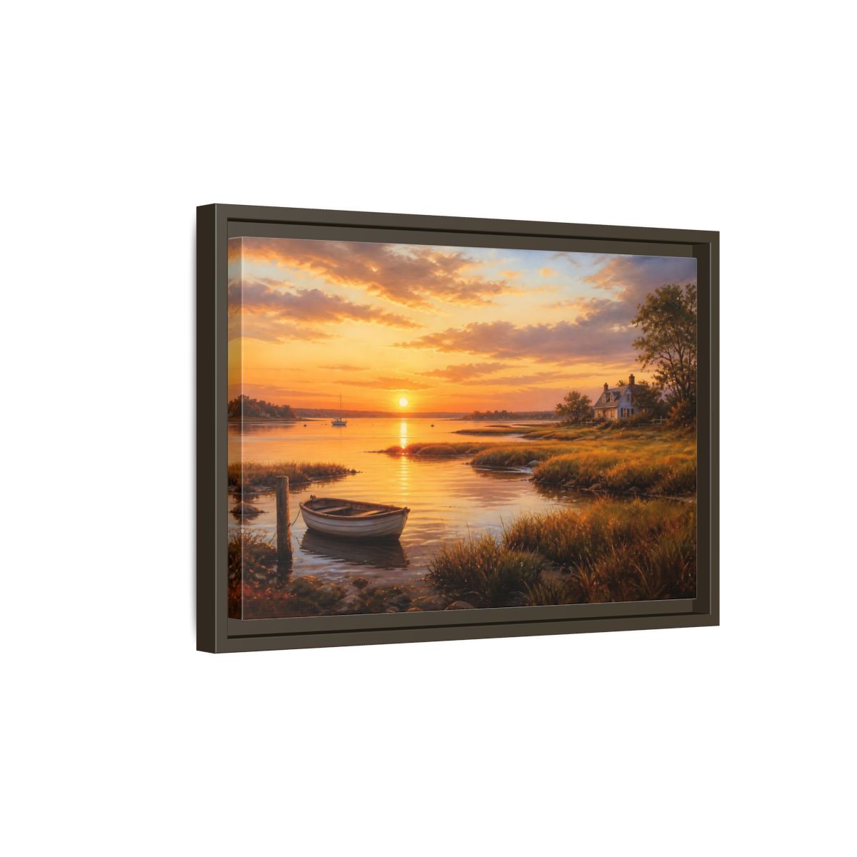 Side Mockup 5. Sunset At The Harbor shown as framed canvas print