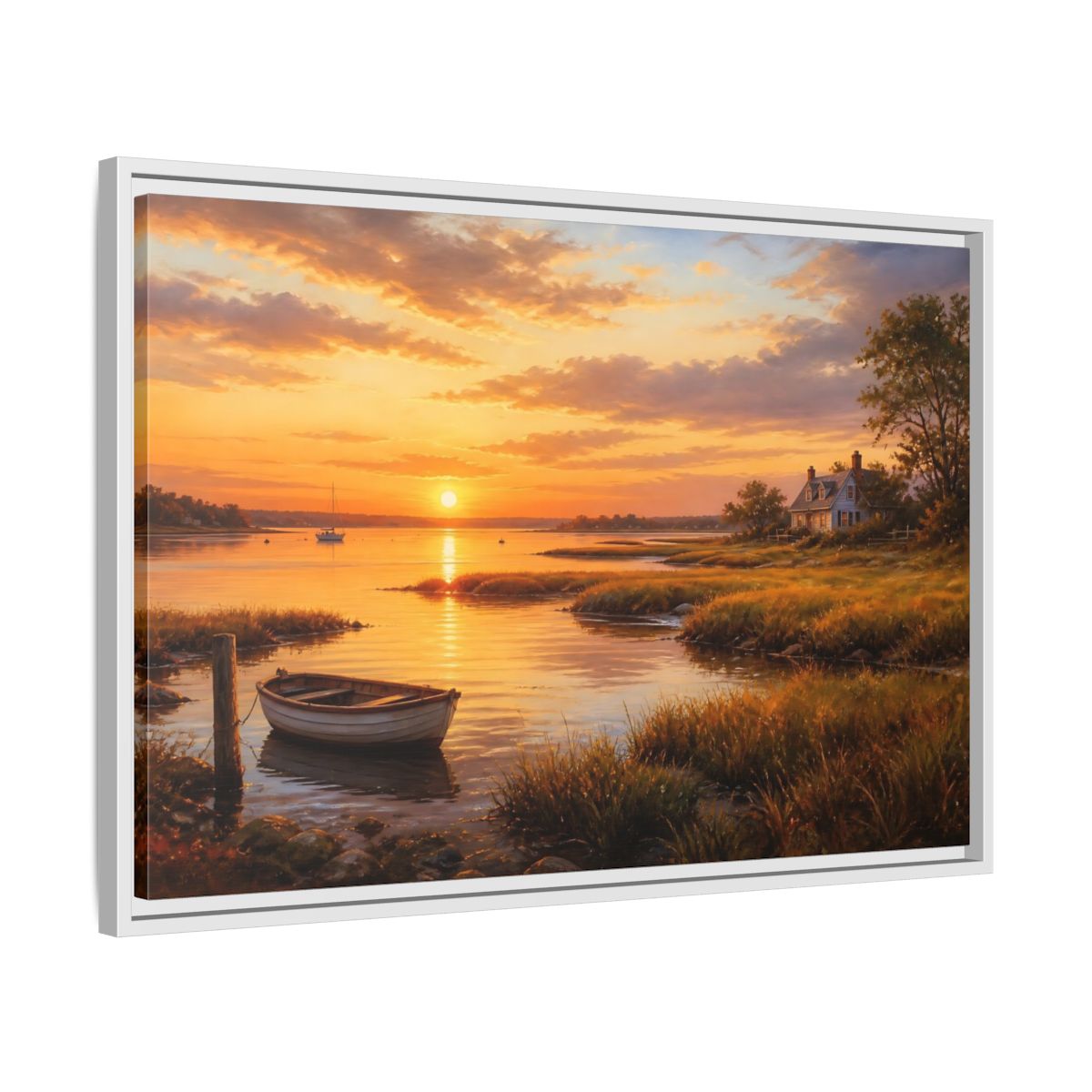 Side Mockup 10. Sunset At The Harbor shown as framed canvas print