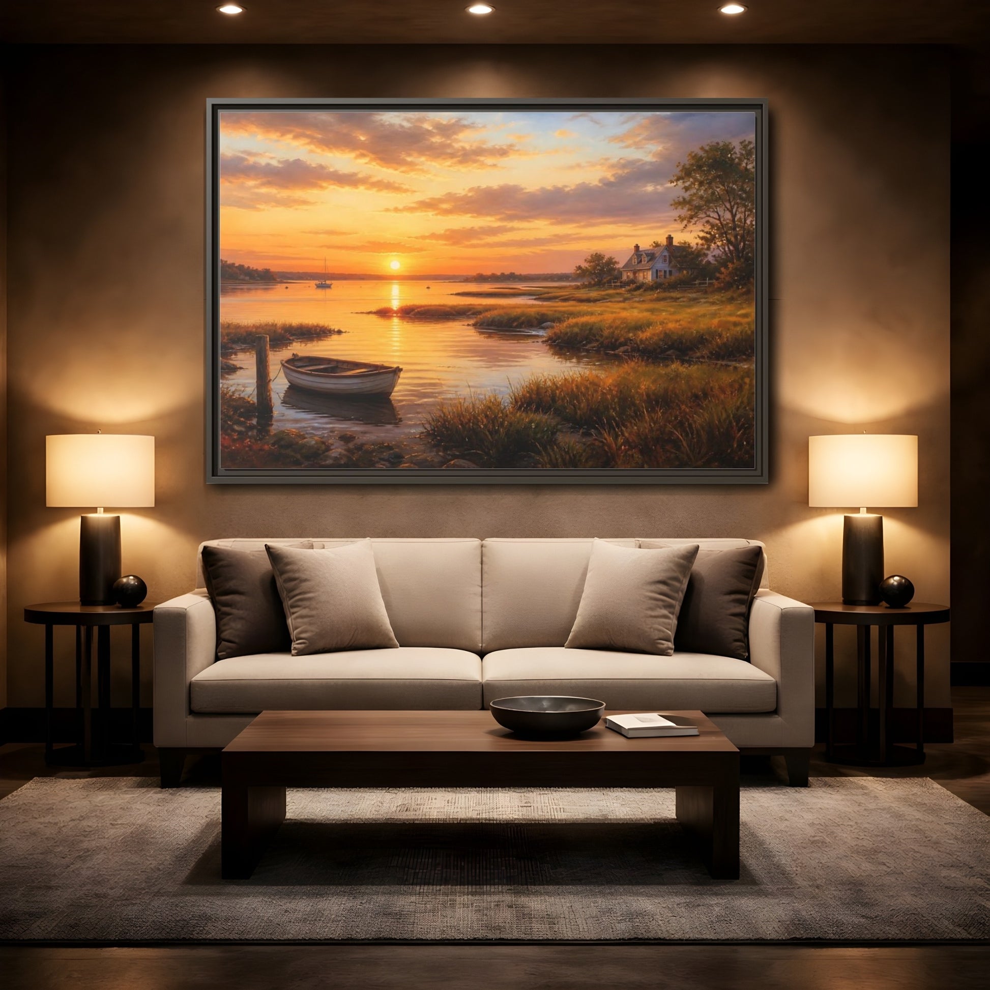Mockup 2. Sunset At The Harbor shown as framed canvas print