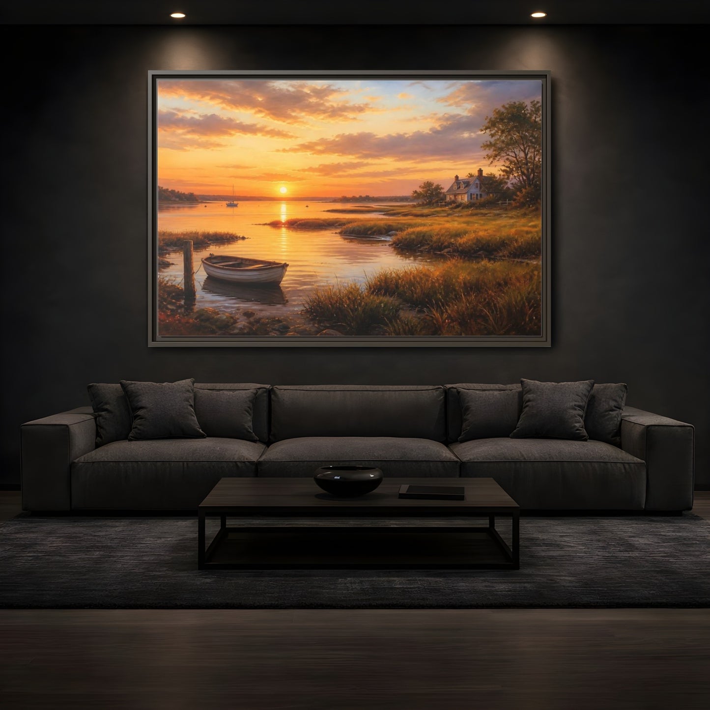 Mockup 3. Sunset At The Harbor shown as framed canvas print