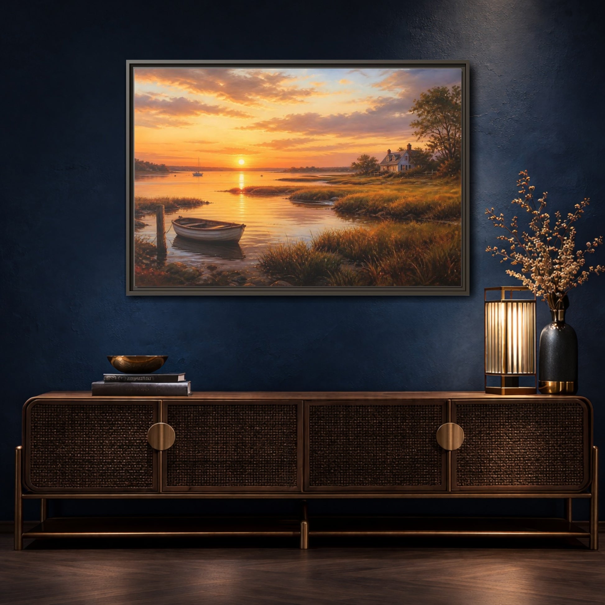 Mockup 4. Sunset At The Harbor shown as framed canvas print
