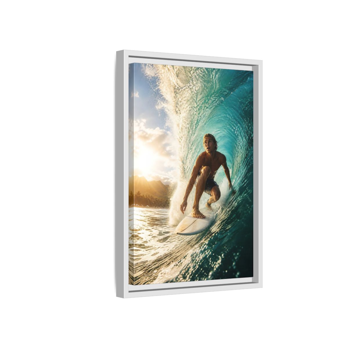 Side Mockup 4. Sunset Barrel Surf shown as framed canvas print