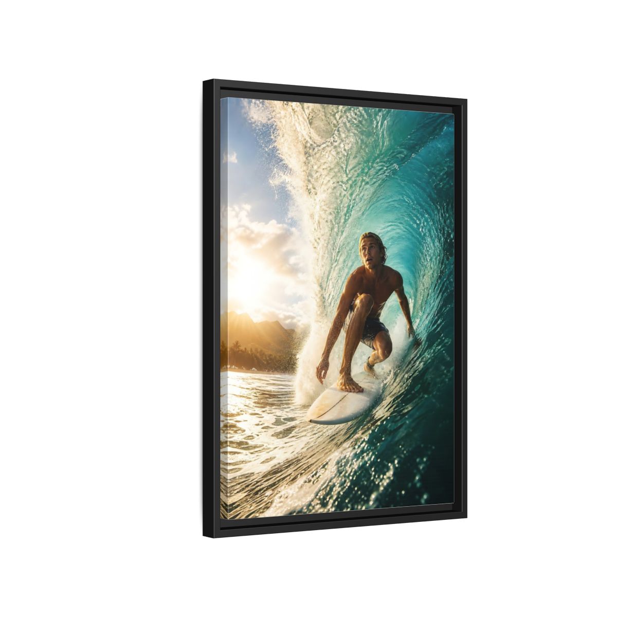 Side Mockup 3. Sunset Barrel Surf shown as framed canvas print