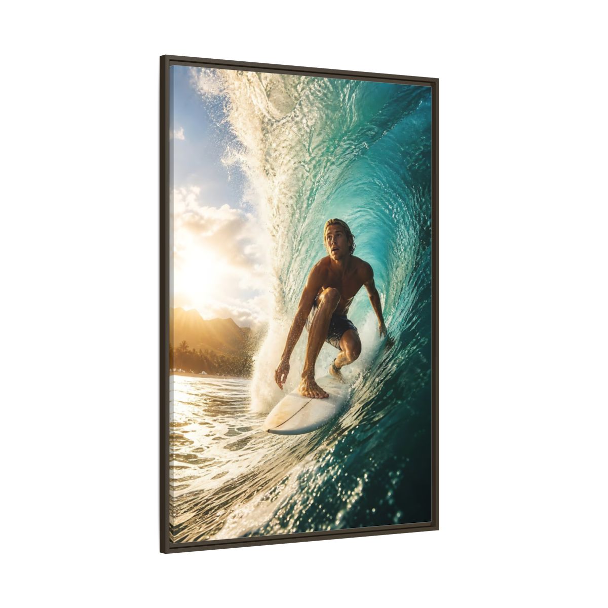 Side Mockup 8. Sunset Barrel Surf shown as framed canvas print