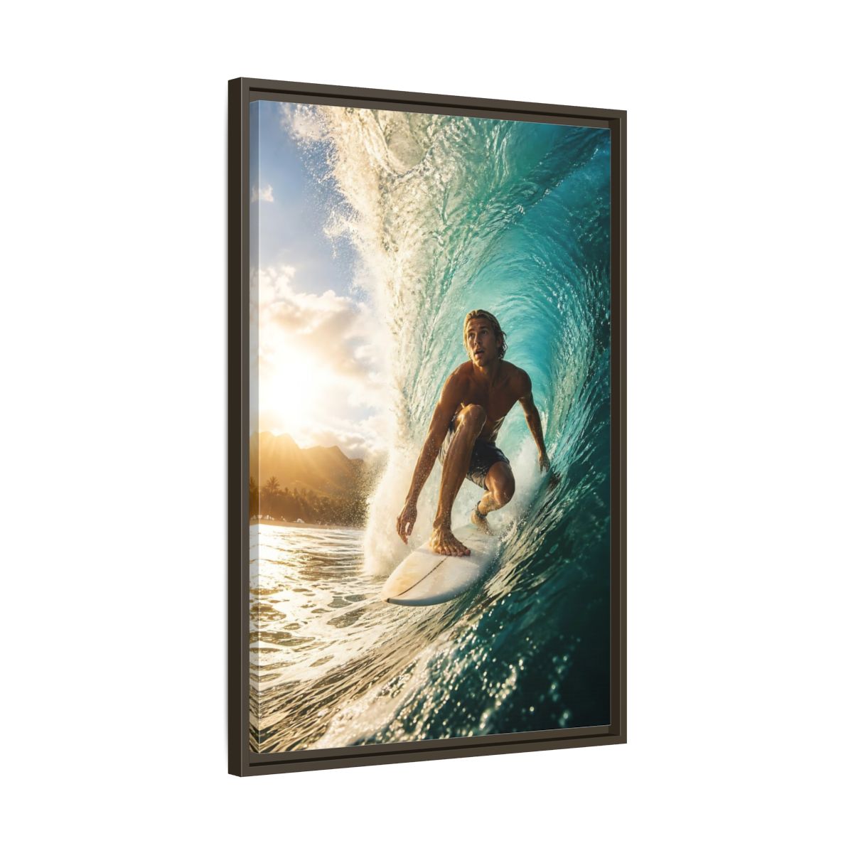 Side Mockup 11. Sunset Barrel Surf shown as framed canvas print