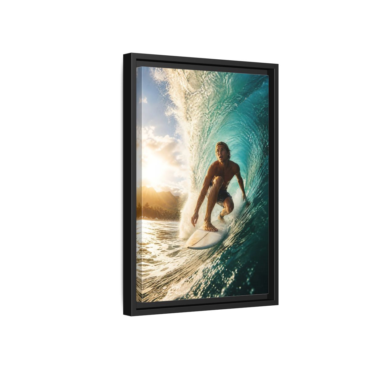 Side Mockup 6. Sunset Barrel Surf shown as framed canvas print