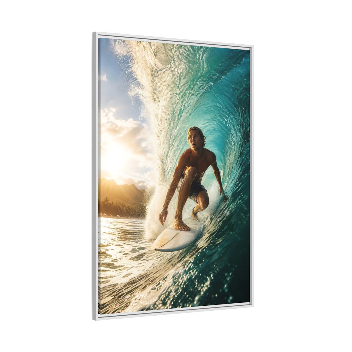 Side Mockup 7. Sunset Barrel Surf shown as framed canvas print