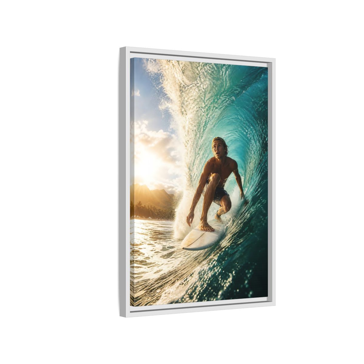 Side Mockup 1. Sunset Barrel Surf shown as framed canvas print