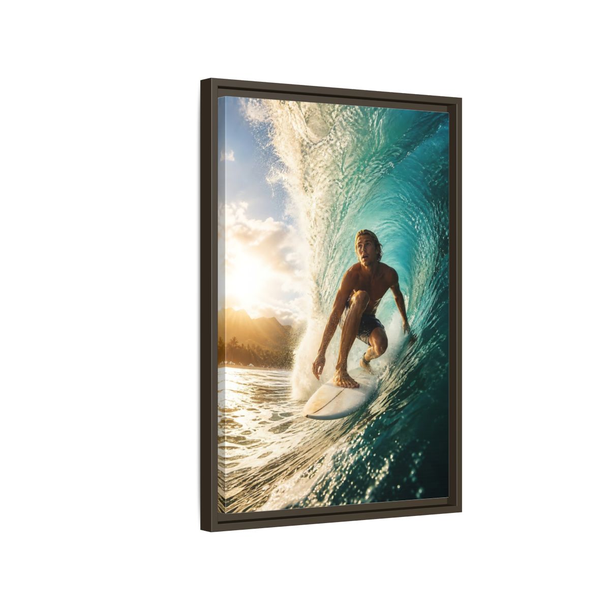 Side Mockup 2. Sunset Barrel Surf shown as framed canvas print