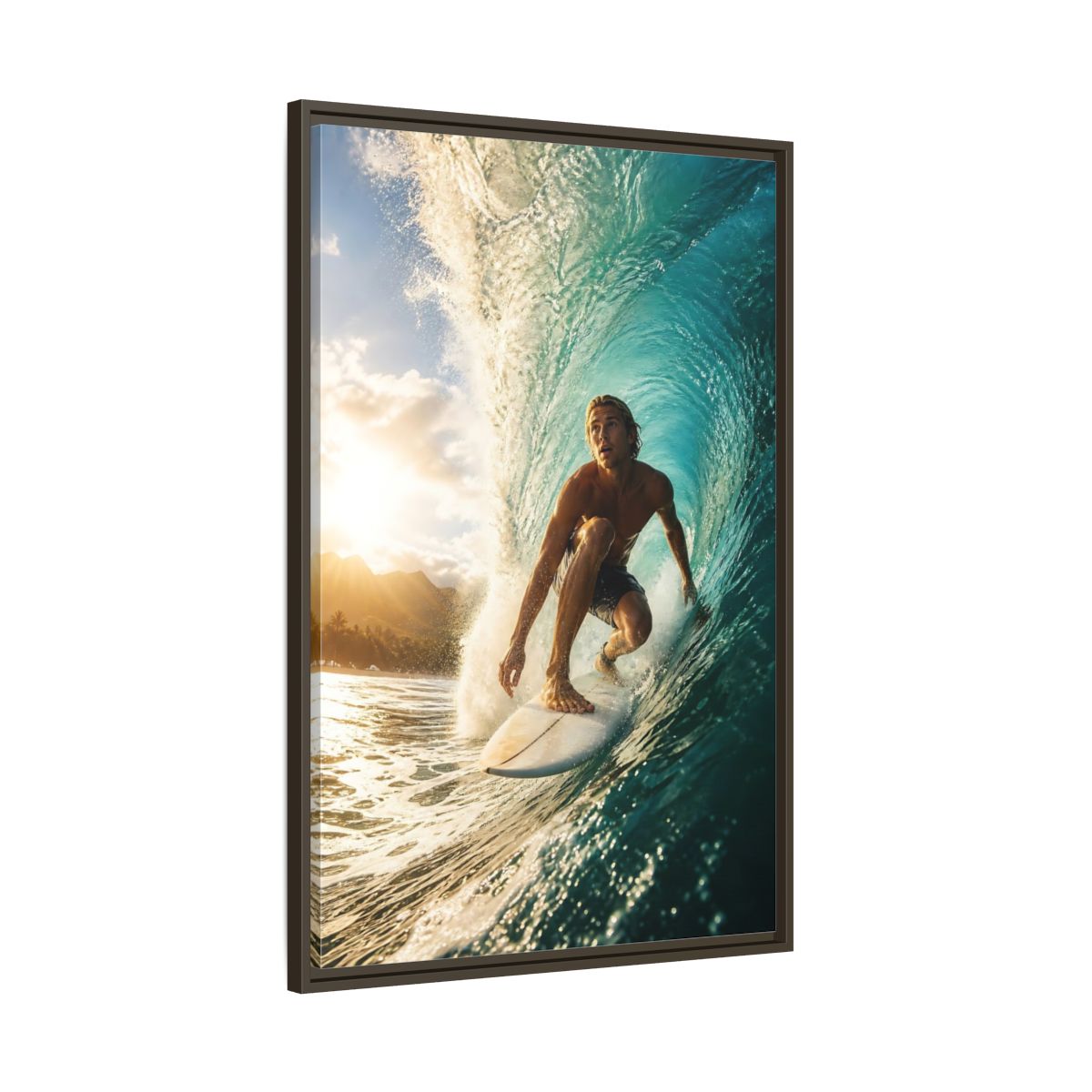 Main Mockup. Sunset Barrel Surf shown as framed canvas print