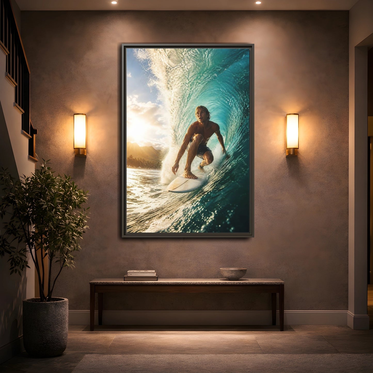 Mockup 2. Sunset Barrel Surf shown as framed canvas print
