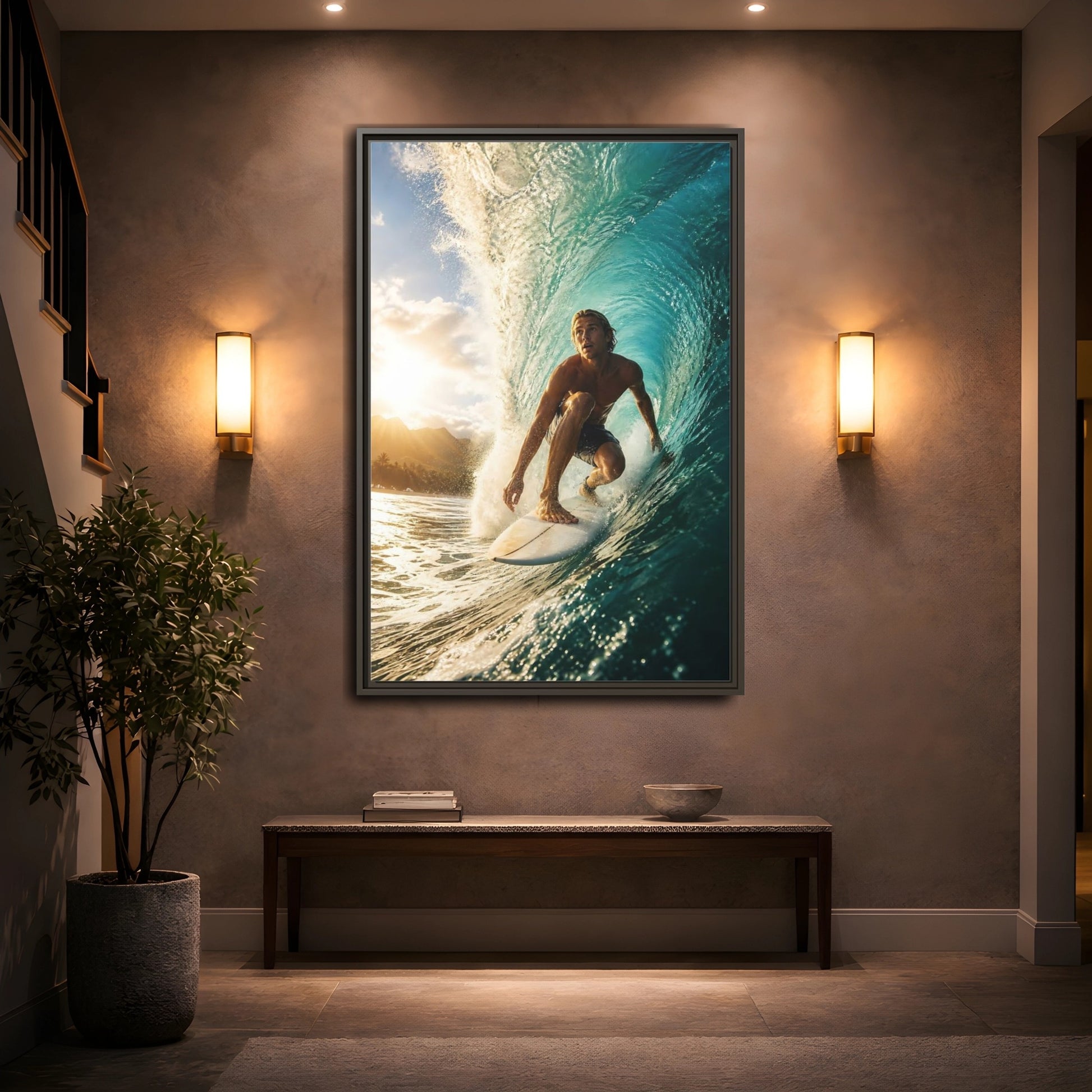 Mockup 2. Sunset Barrel Surf shown as framed canvas print