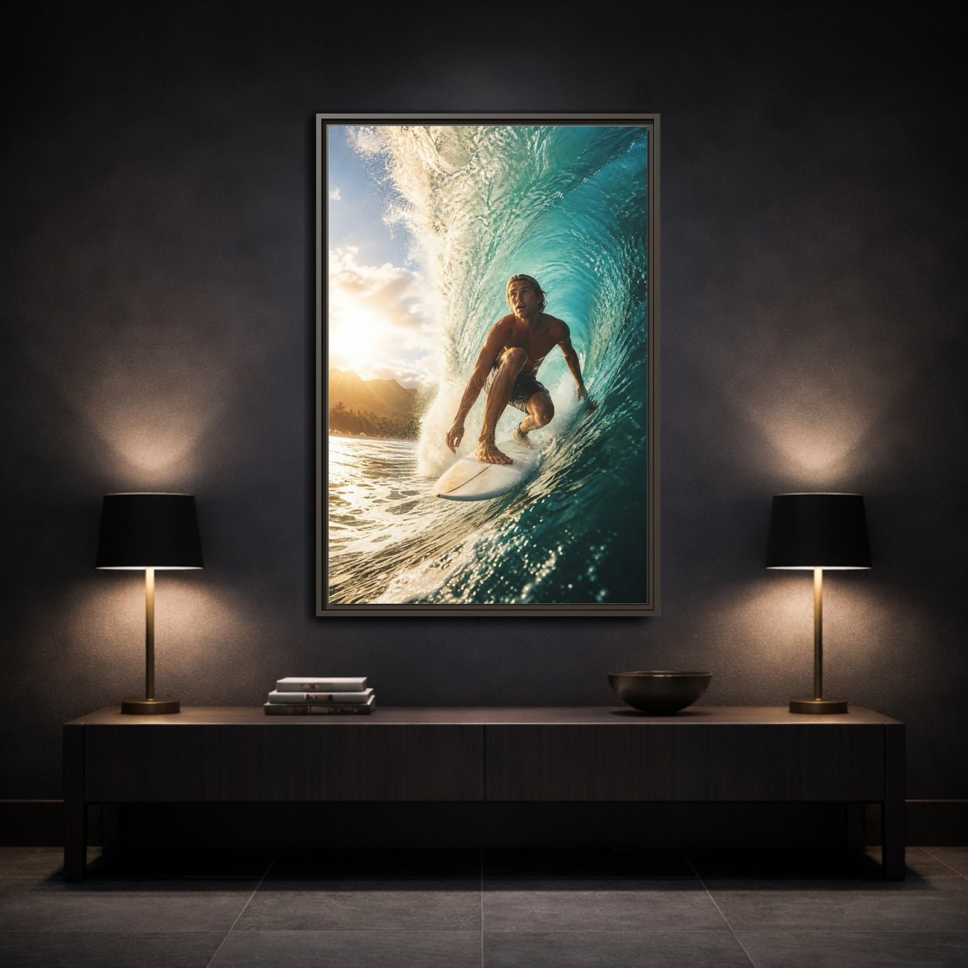 Mockup 3. Sunset Barrel Surf shown as framed canvas print