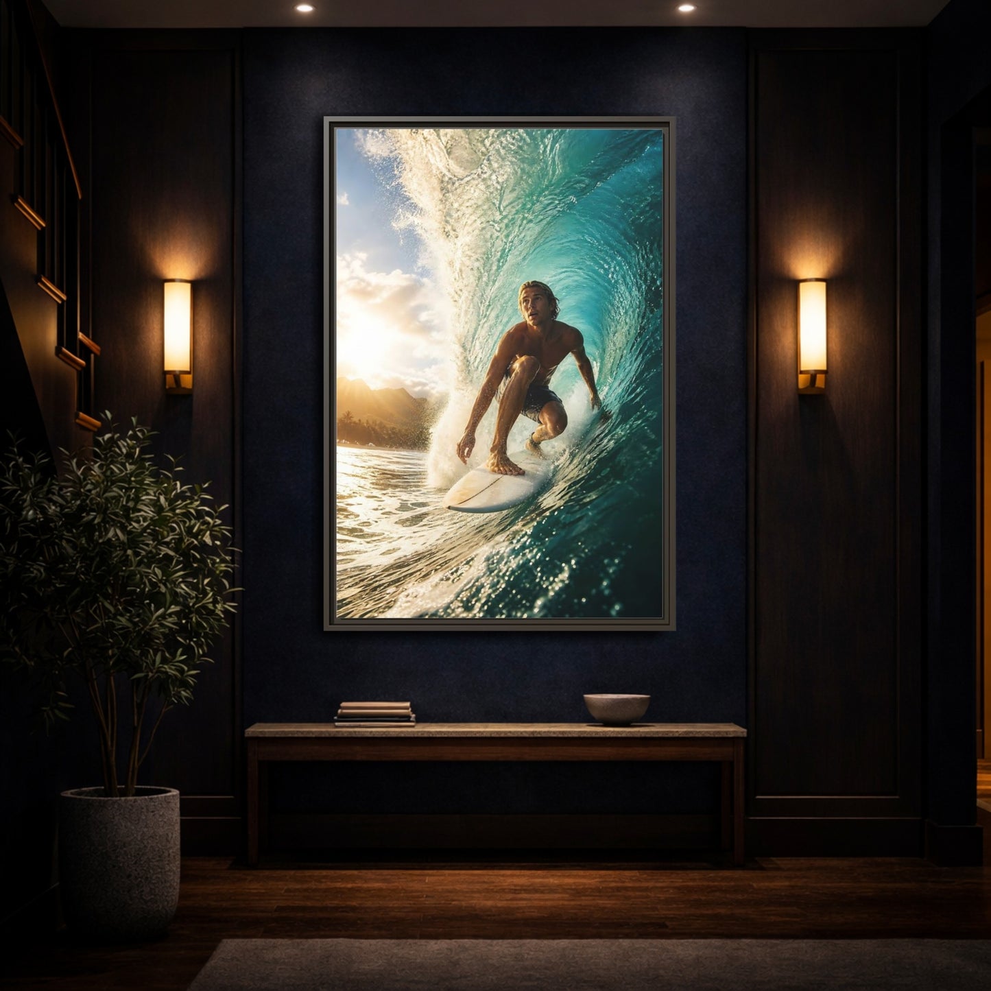 Mockup 4. Sunset Barrel Surf shown as framed canvas print