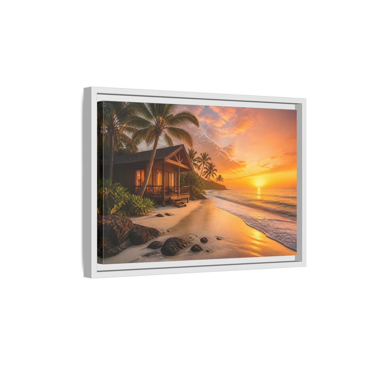 Side Mockup 4. Sunset Beach Bungalow shown as framed canvas print