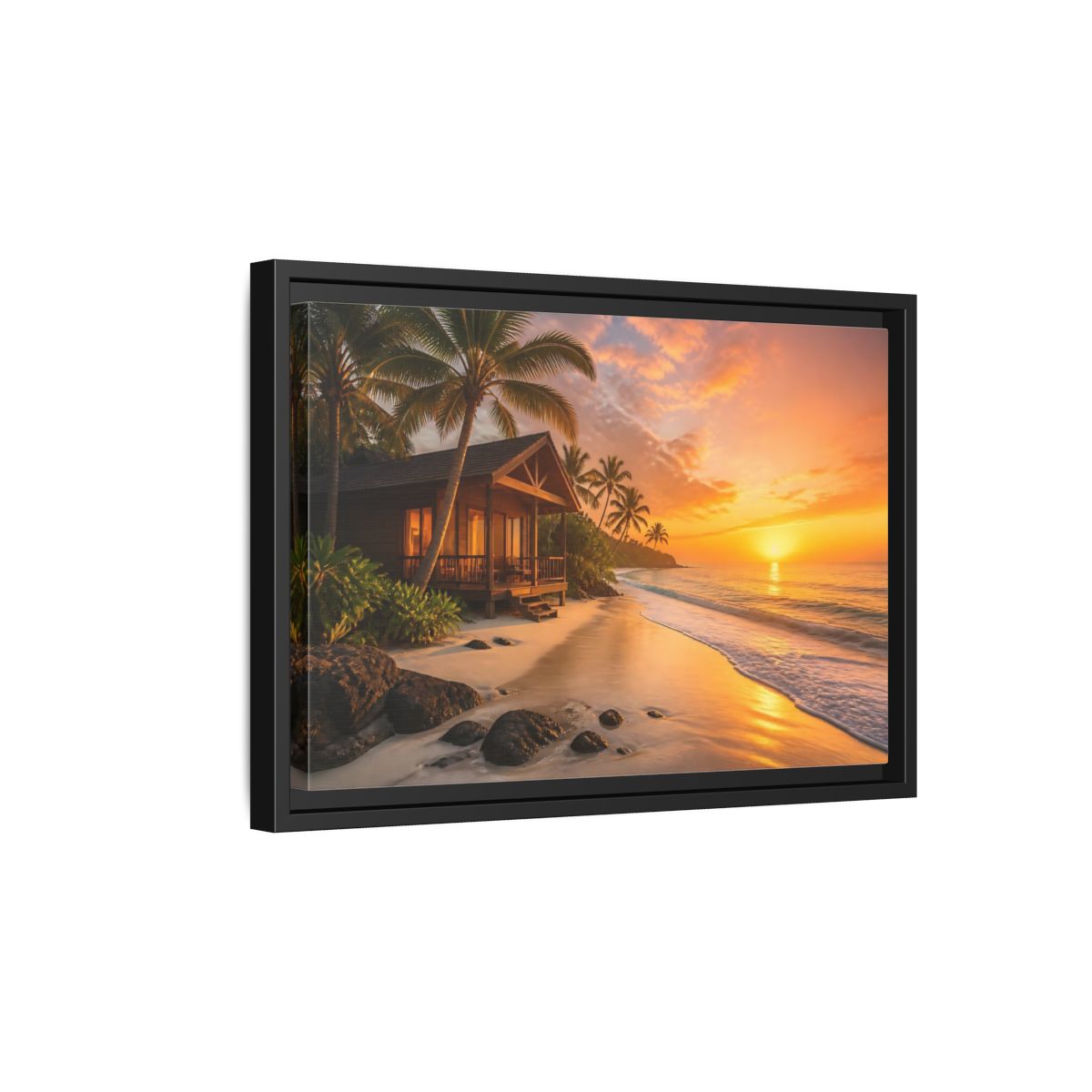 Side Mockup 6. Sunset Beach Bungalow shown as framed canvas print