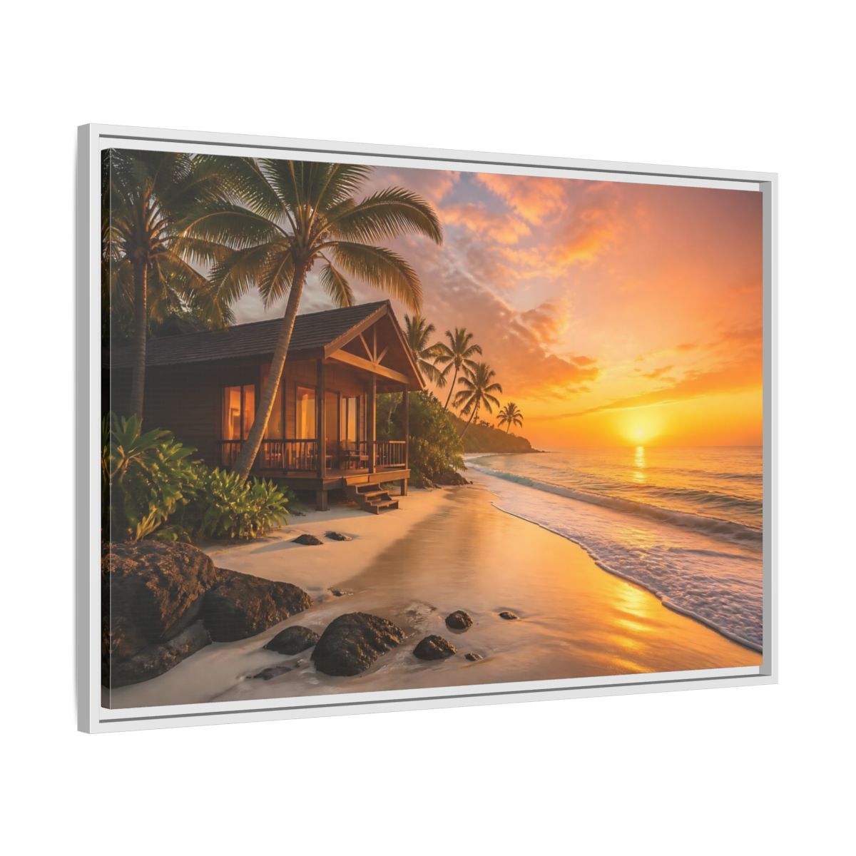 Side Mockup 9. Sunset Beach Bungalow shown as framed canvas print