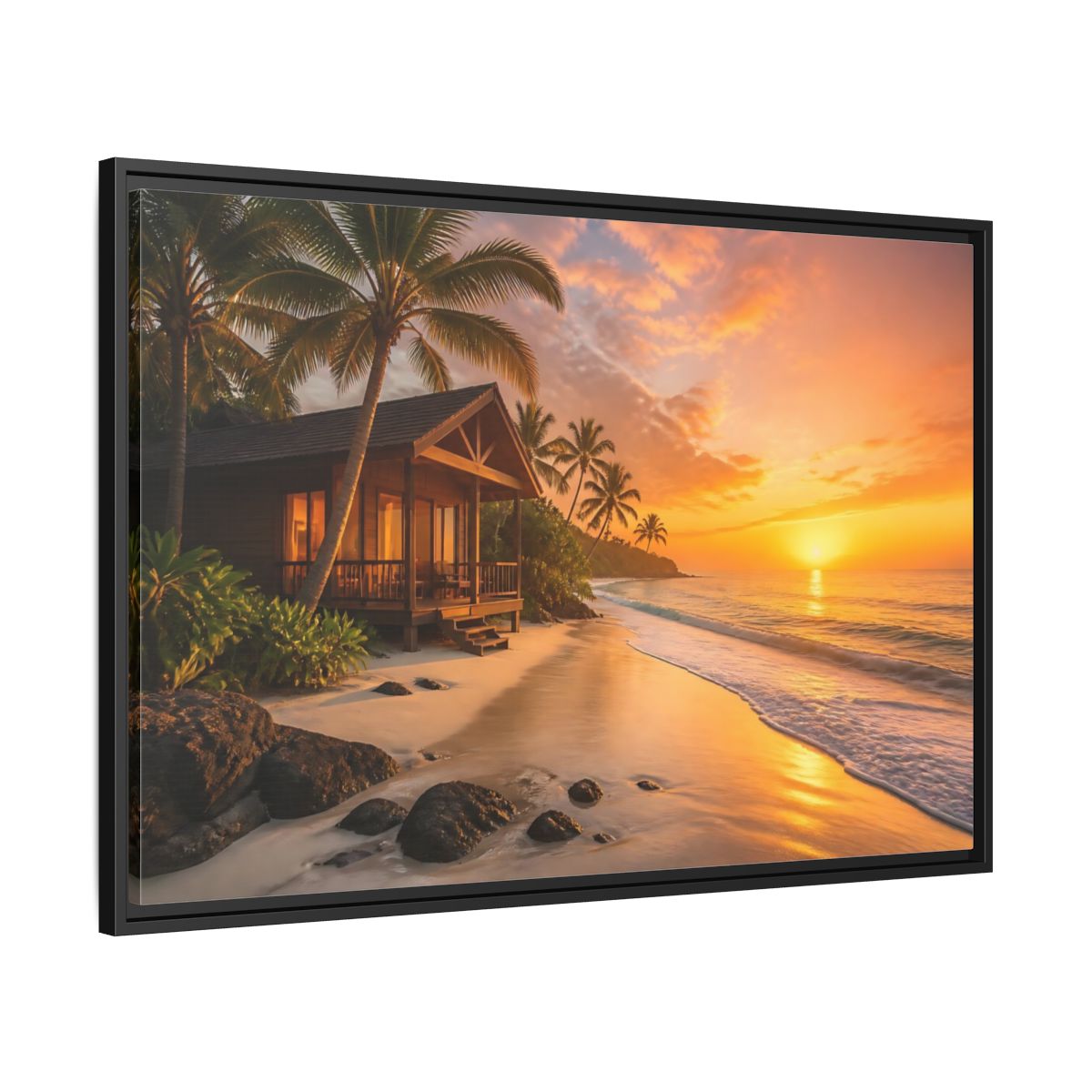 Side Mockup 13. Sunset Beach Bungalow shown as framed canvas print
