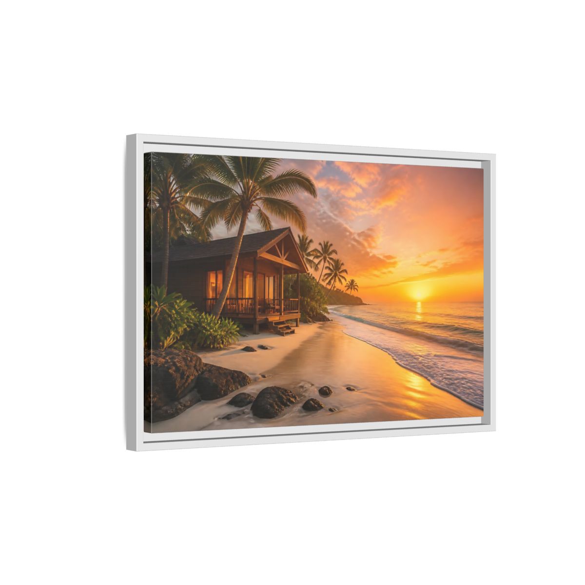 Side Mockup 1. Sunset Beach Bungalow shown as framed canvas print