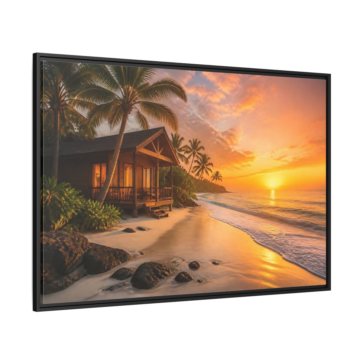 Side Mockup 12. Sunset Beach Bungalow shown as framed canvas print
